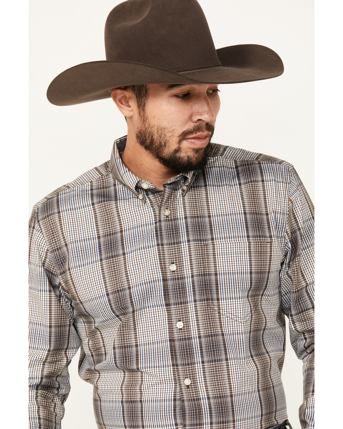 Men's Fiesta Plaid Print Long Sleeve Button-Down Western Sh White