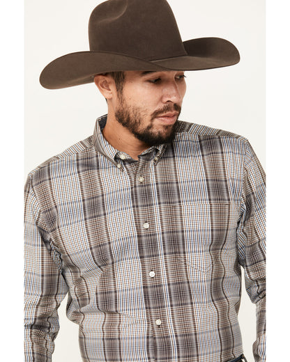 Men's Fiesta Plaid Print Long Sleeve Button-Down Western Sh White