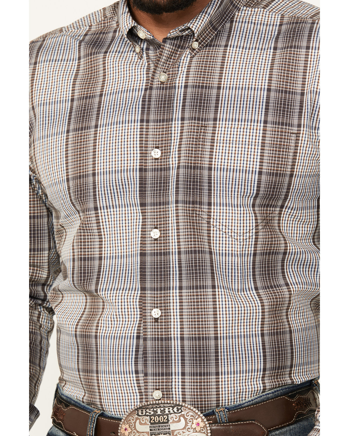 Men's Fiesta Plaid Print Long Sleeve Button-Down Western Sh White