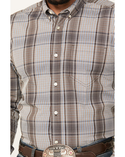 Men's Fiesta Plaid Print Long Sleeve Button-Down Western Sh White