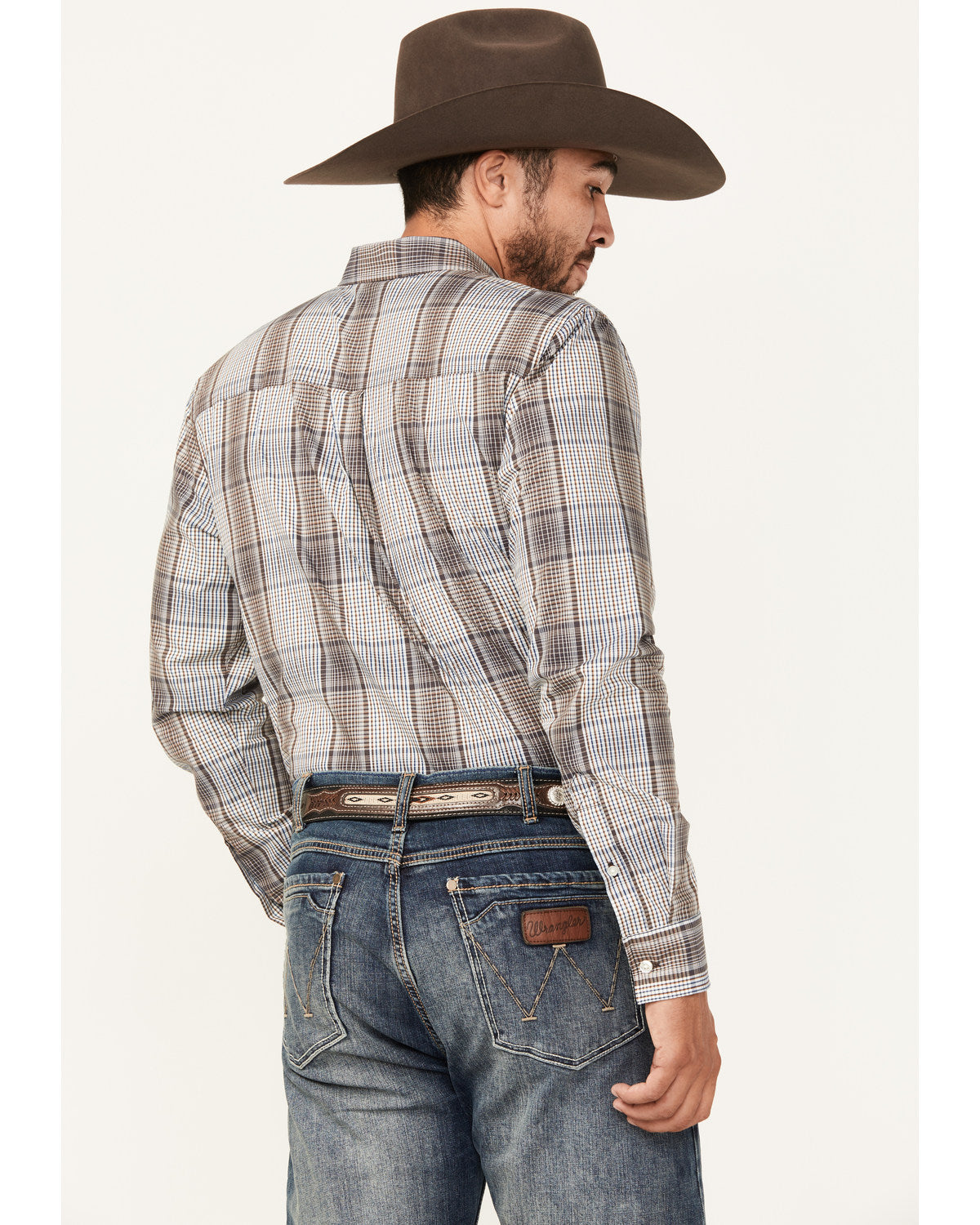 Men's Fiesta Plaid Print Long Sleeve Button-Down Western Sh White