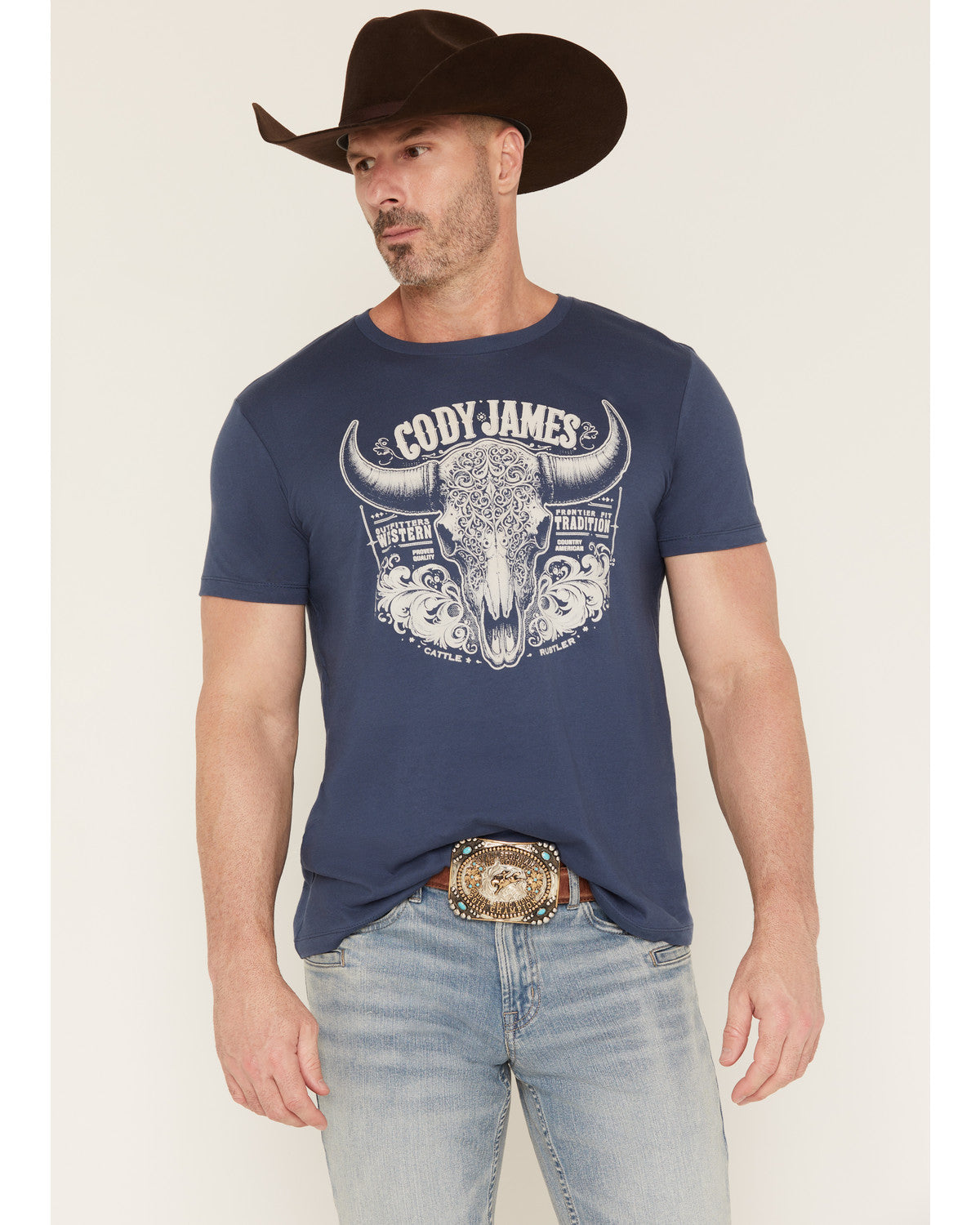 Men's Ornate Steerhead Skull Short Sleeve Graphic T-Shirt Blue