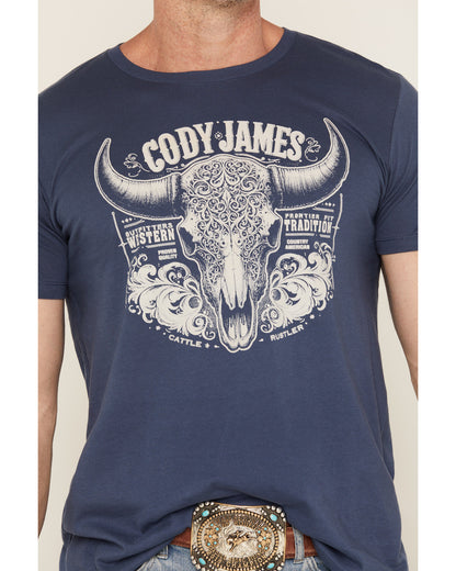 Men's Ornate Steerhead Skull Short Sleeve Graphic T-Shirt Blue