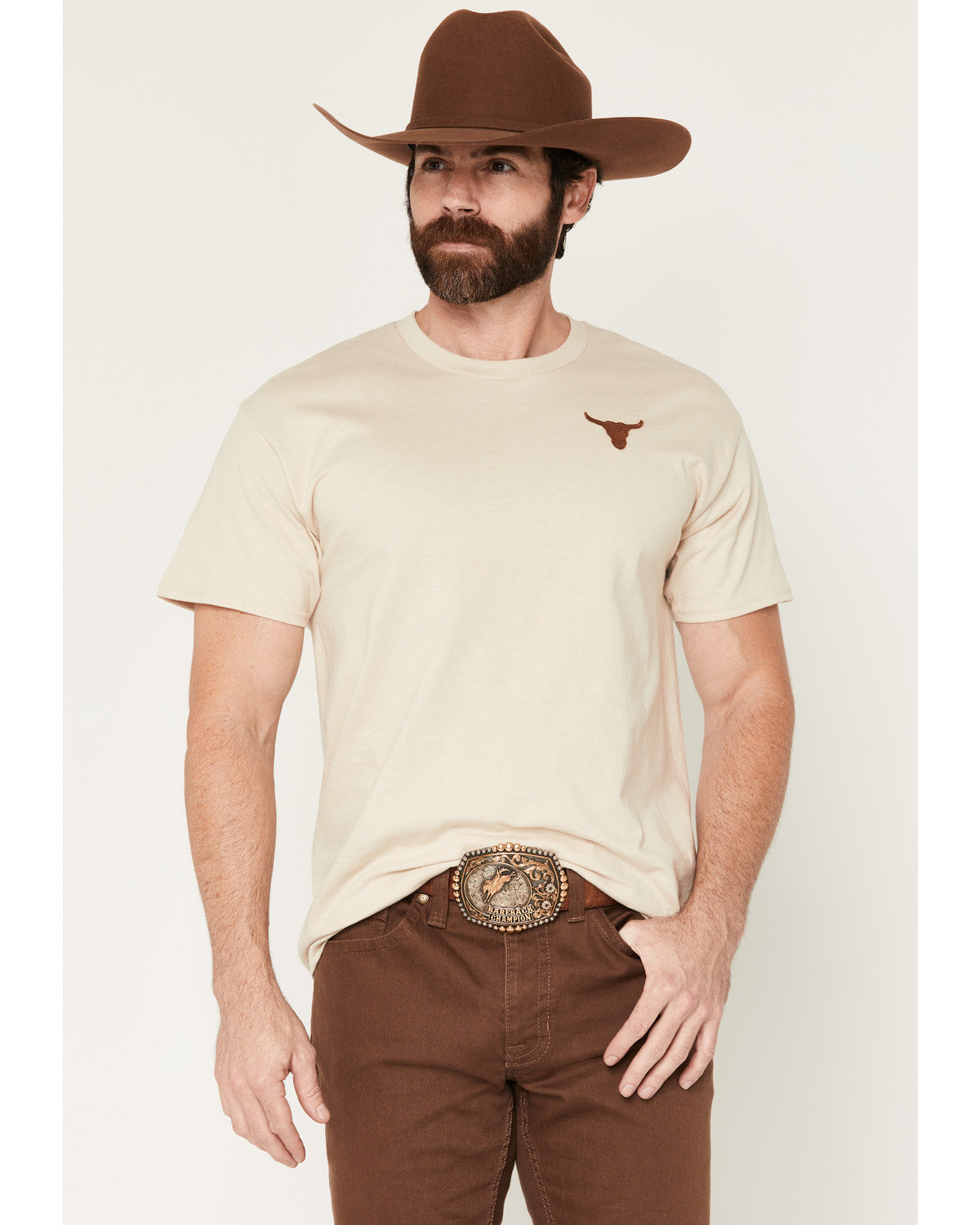 Men's Bull Skull Embroidered Short Sleeve Graphic T-Shirt Tan