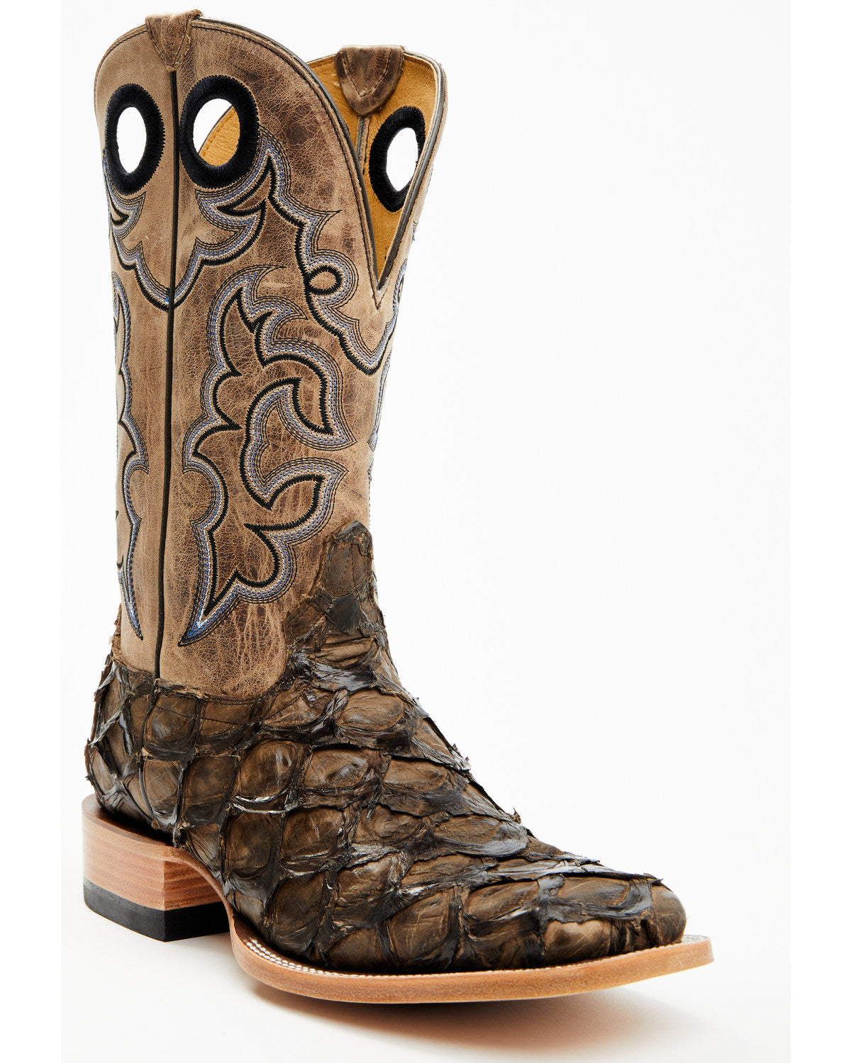 Men's Exotic Pirarucu Western Boots - Broad Square Toe Brown