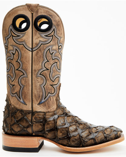 Men's Exotic Pirarucu Western Boots - Broad Square Toe Brown