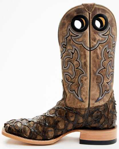 Men's Exotic Pirarucu Western Boots - Broad Square Toe Brown