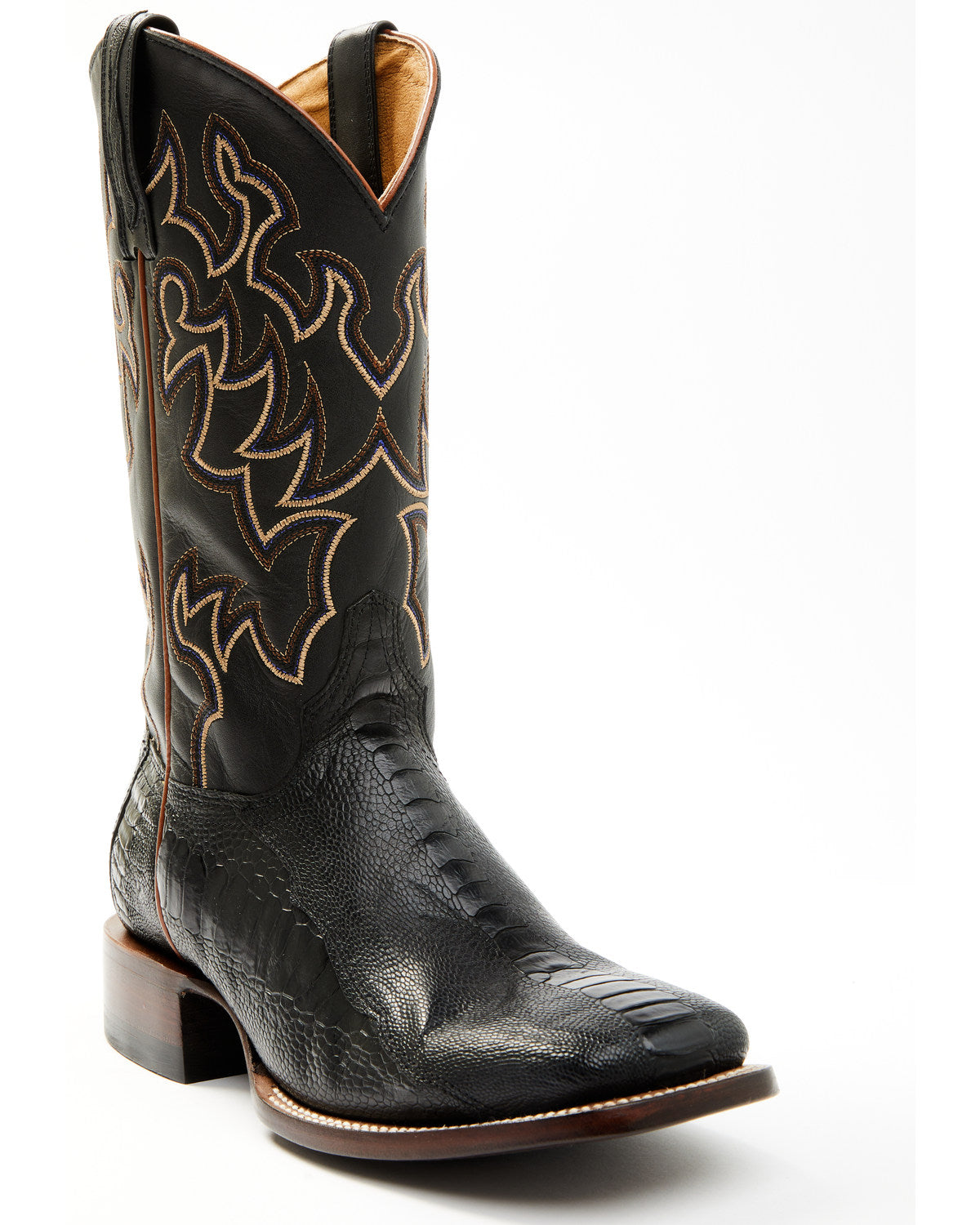 Men's Exotic Ostrich Leg Western Boots - Broad Square Toe Black