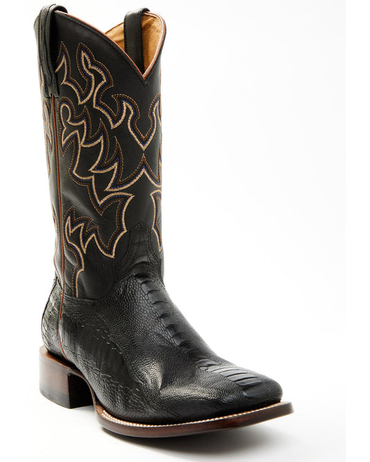 Men's Exotic Ostrich Leg Western Boots - Broad Square Toe Black