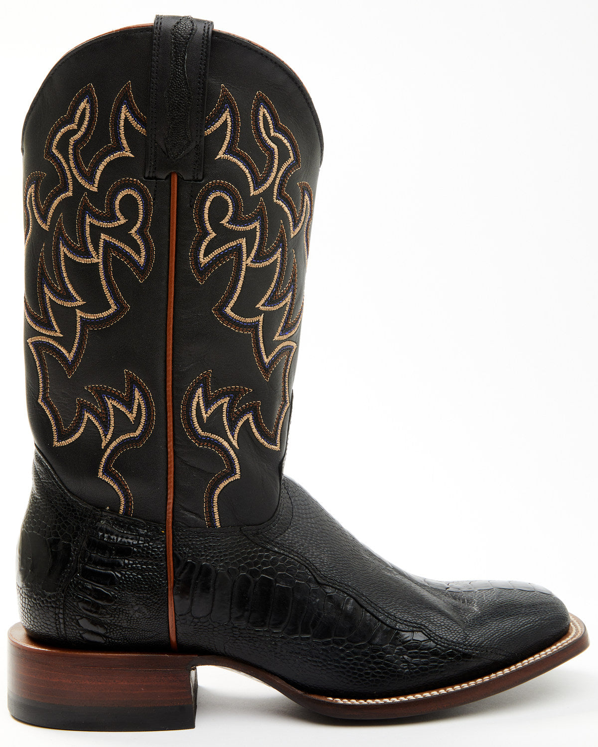 Men's Exotic Ostrich Leg Western Boots - Broad Square Toe Black
