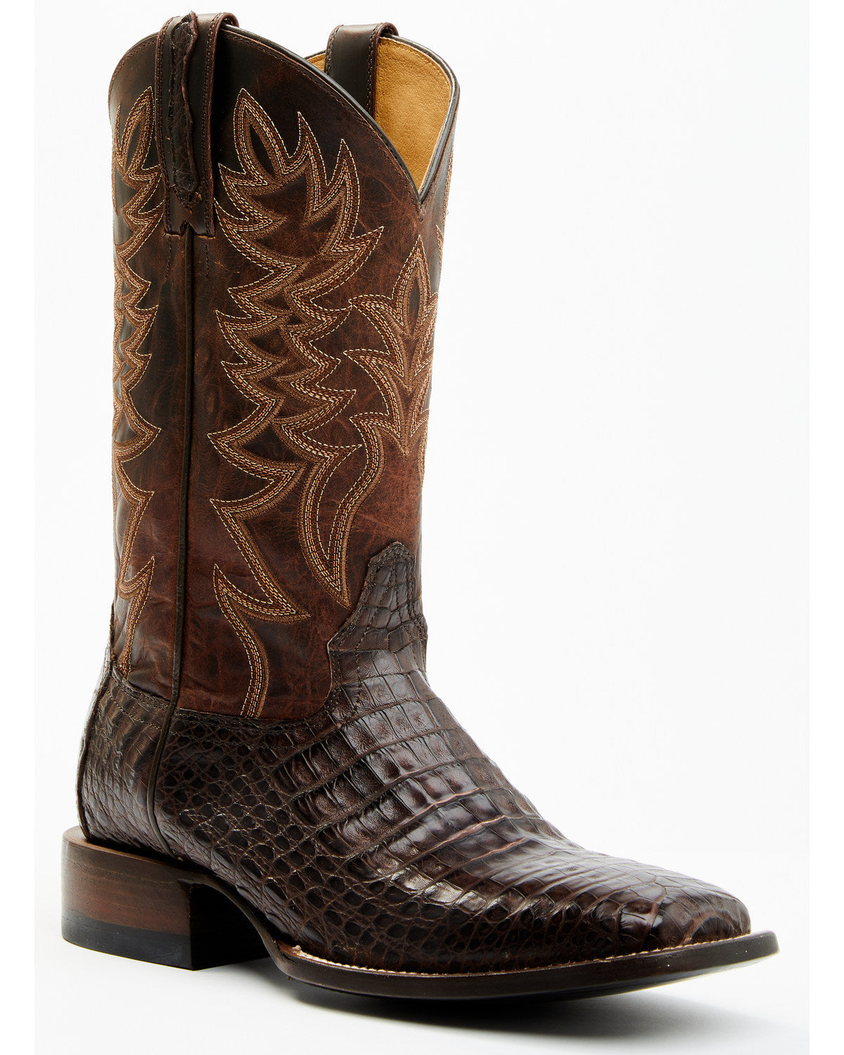 Men's Exotic Caiman Belly Western Boots - Broad Square Toe Brown