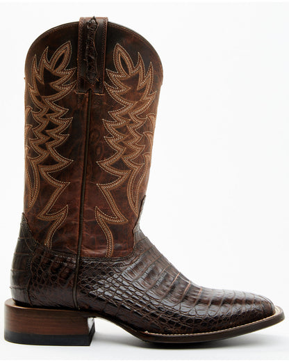 Men's Exotic Caiman Belly Western Boots - Broad Square Toe Brown
