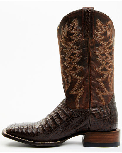 Men's Exotic Caiman Belly Western Boots - Broad Square Toe Brown