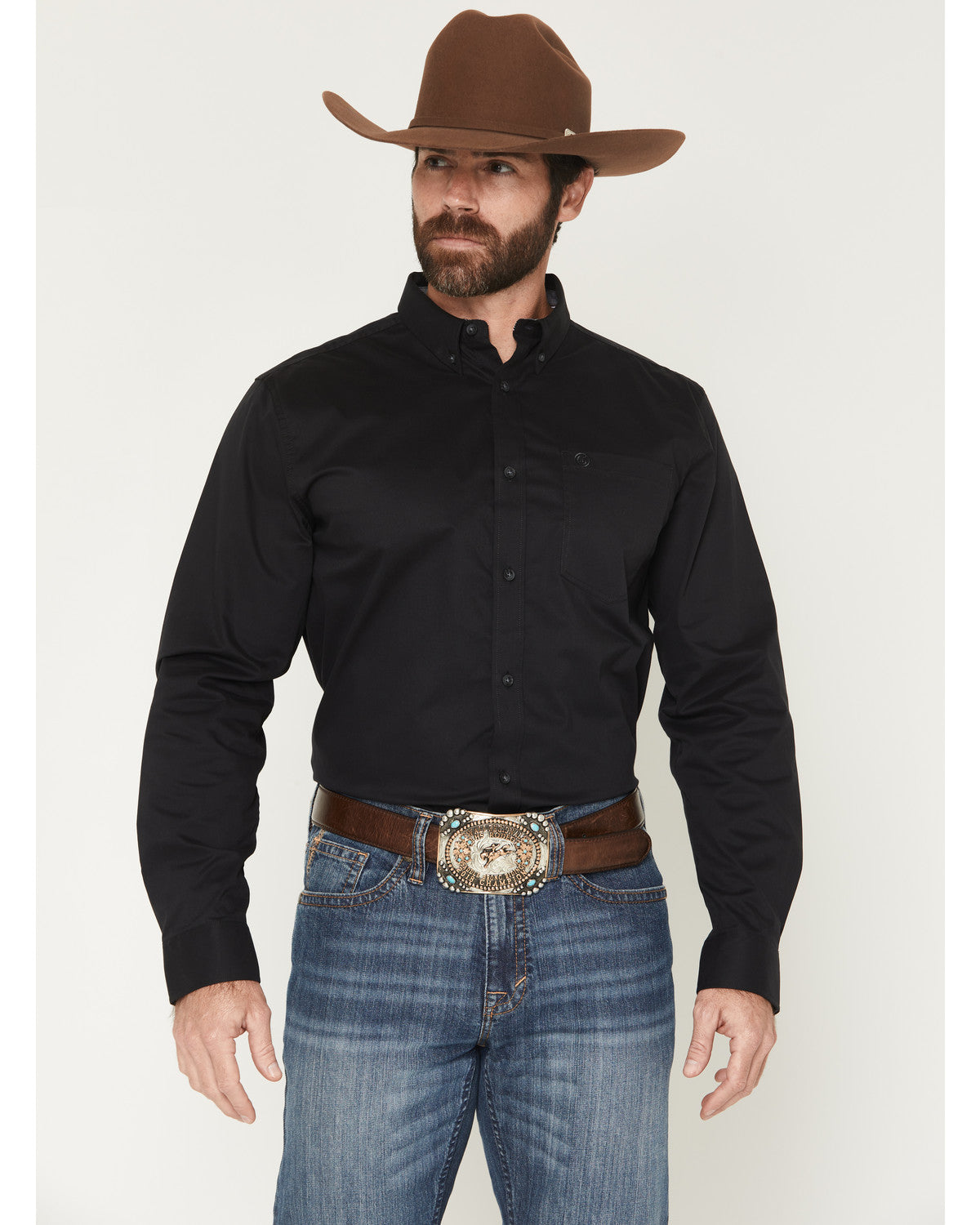 Men's Basic Solid Long Sleeve Button-Down Stretch Western S Black