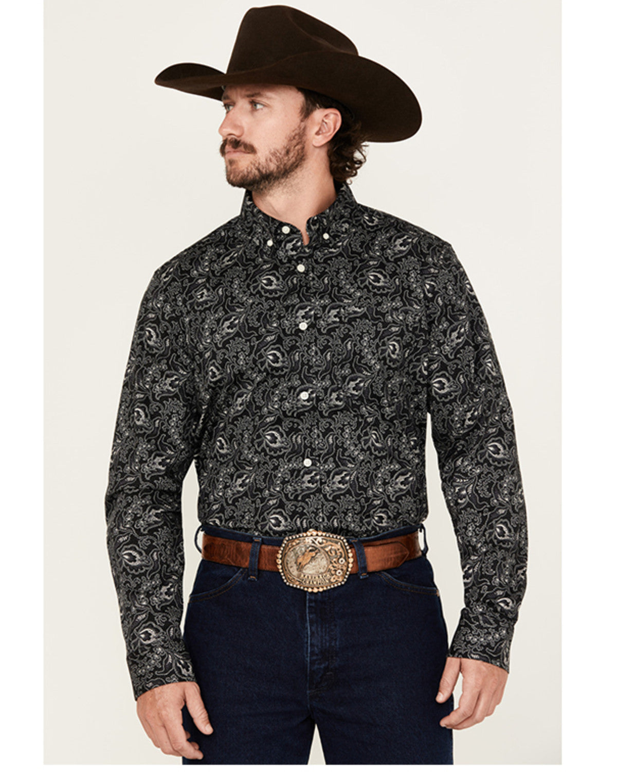 Men's Parker Paisley Print Long Sleeve Button-Down Stretch Black