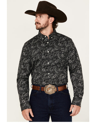 Men's Parker Paisley Print Long Sleeve Button-Down Stretch Black