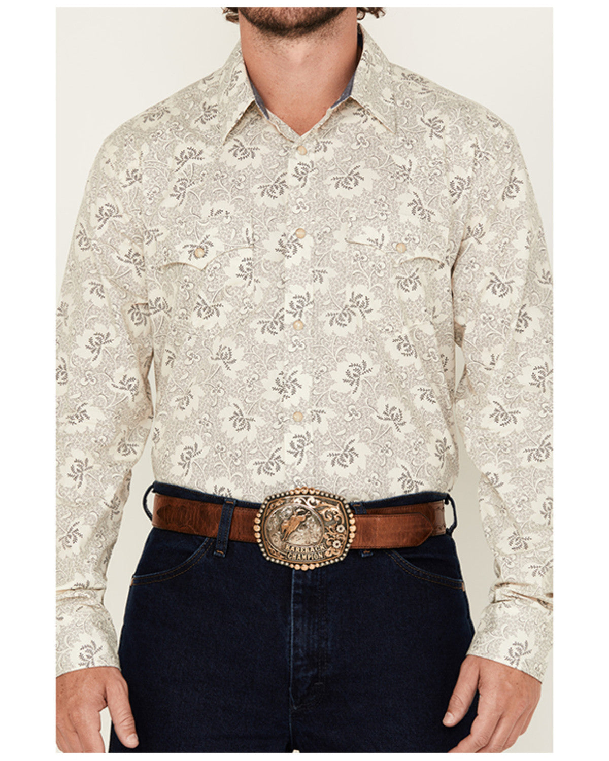 Men's Treven Floral Print Long Sleeve Snap Western Shirt - Cream
