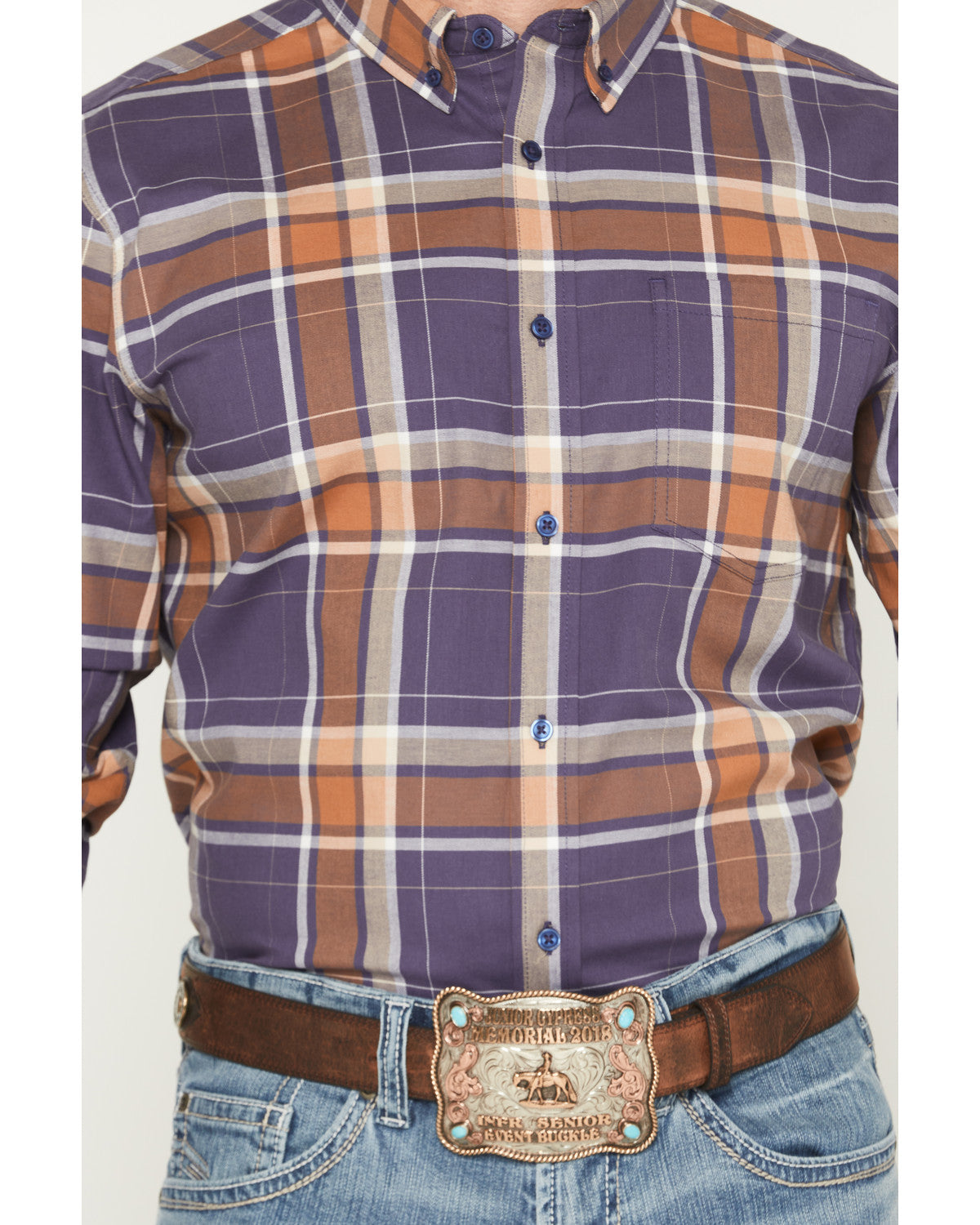 Men's Smokey Trail Plaid Print Long Sleeve Button-Down Stre Dark Blue