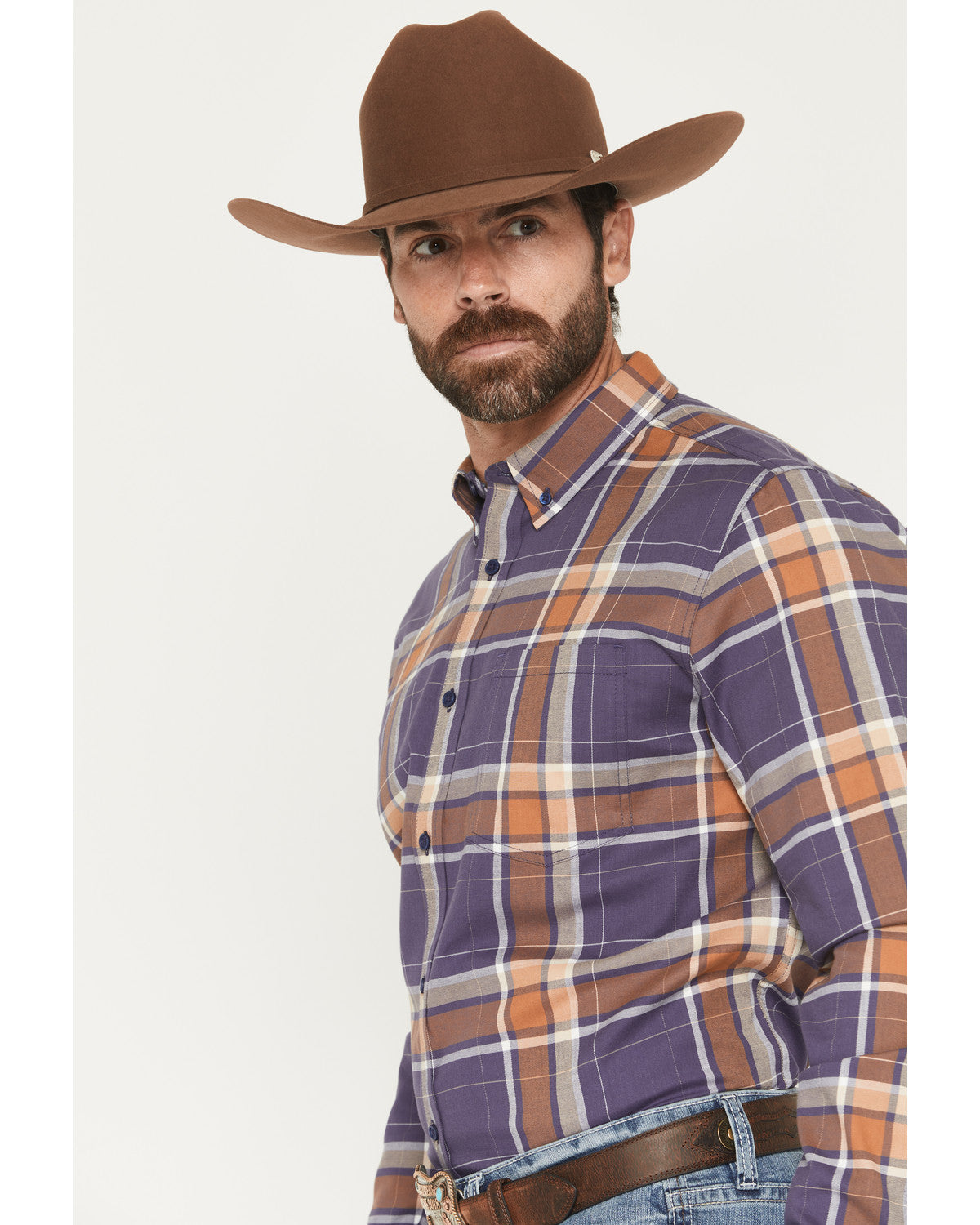 Men's Smokey Trail Plaid Print Long Sleeve Button-Down Stre Dark Blue