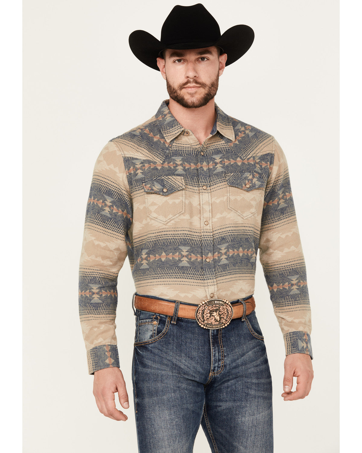 Men's Arrow Bear Southwestern Print Long Sleeve Snap Wester Tan