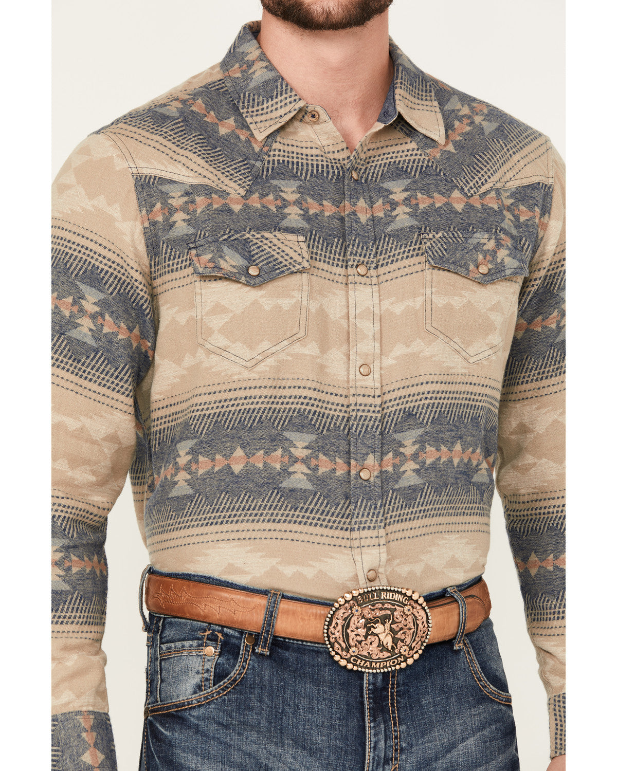 Men's Arrow Bear Southwestern Print Long Sleeve Snap Wester Tan