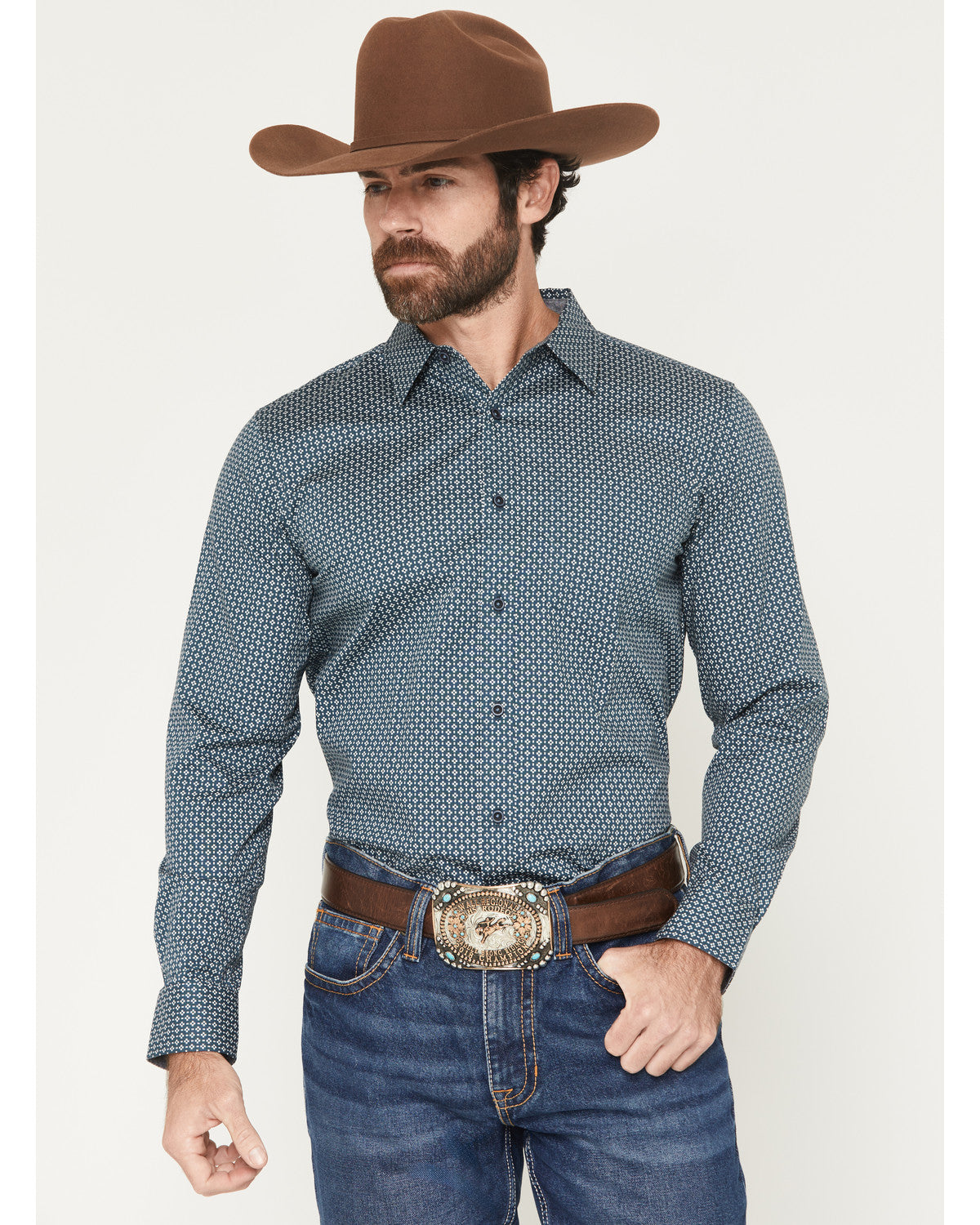 Men's Bourbon Geo Print Long Sleeve Button-Down Stretch Wes Navy