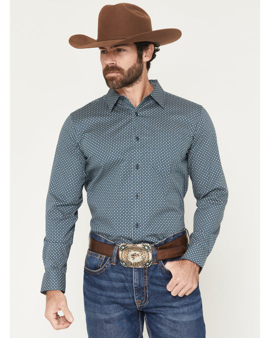 Men's Bourbon Geo Print Long Sleeve Button-Down Stretch Wes Navy