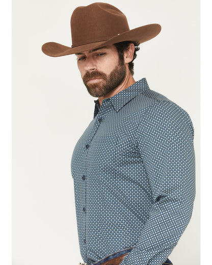 Men's Bourbon Geo Print Long Sleeve Button-Down Stretch Wes Navy