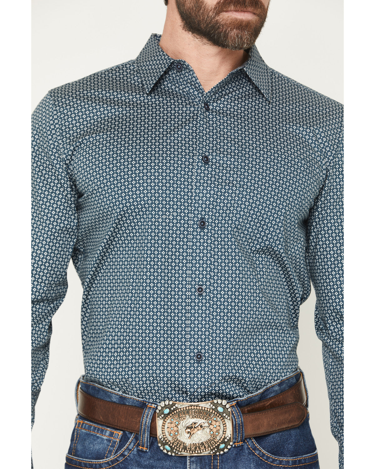 Men's Bourbon Geo Print Long Sleeve Button-Down Stretch Wes Navy