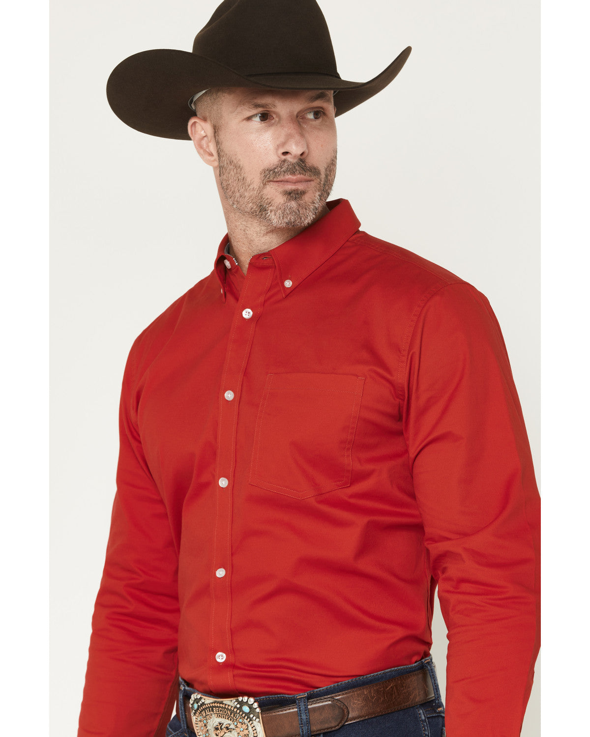 Men's Performance Twill Solid Long Sleeve Button-Down Stret Medium Red