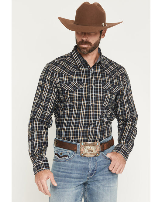 Men's Warriors Way Plaid Print Long Sleeve Snap Western Shi Dark Blue