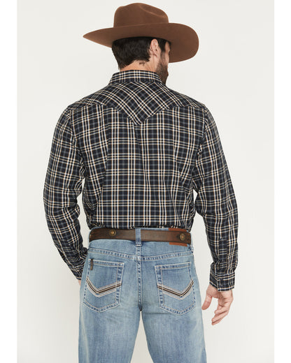 Men's Warriors Way Plaid Print Long Sleeve Snap Western Shi Dark Blue
