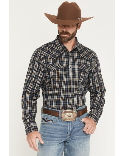 Men's Warriors Way Plaid Print Long Sleeve Snap Western Shi Dark Blue