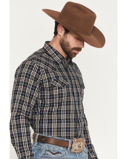 Men's Warriors Way Plaid Print Long Sleeve Snap Western Shi Dark Blue