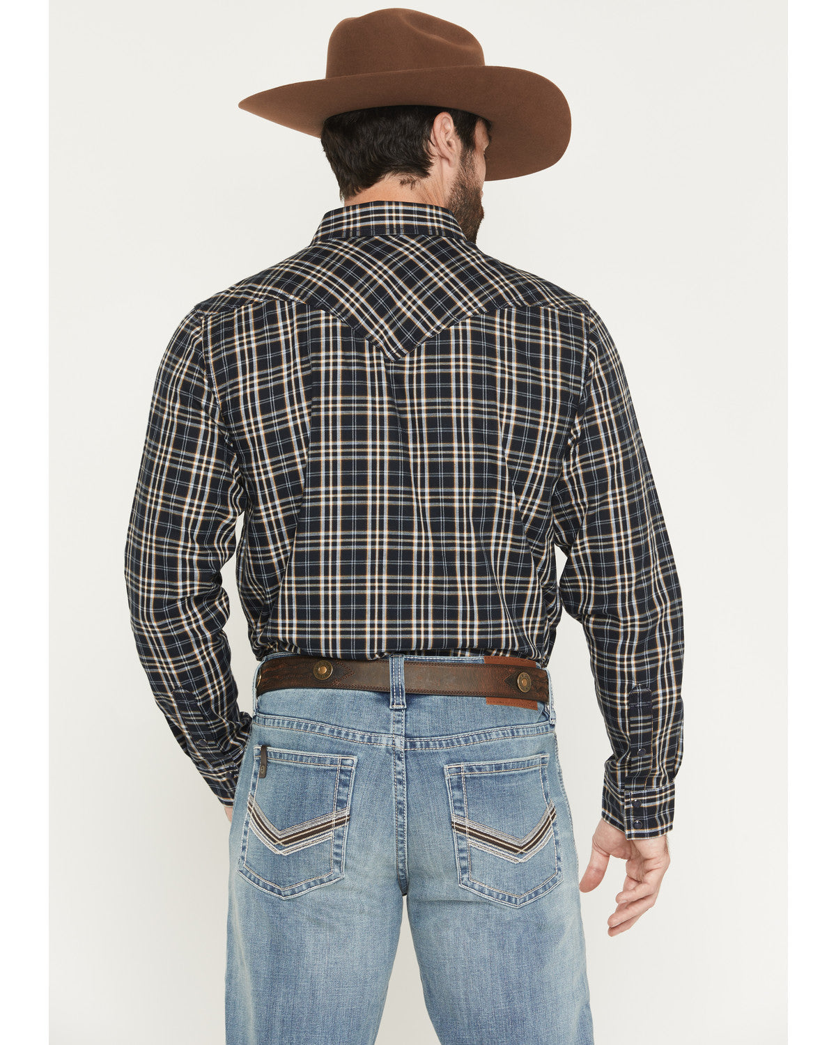 Men's Warriors Way Plaid Print Long Sleeve Snap Western Shi Dark Blue