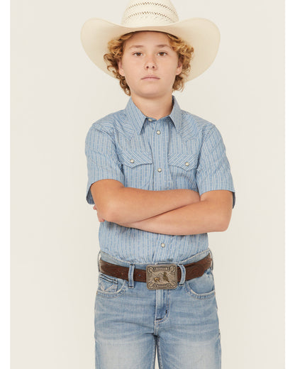 Boys' Cowboy Way Striped Print Short Sleeve Snap Western Sh Light Blue