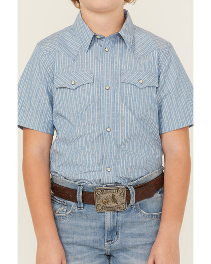 Boys' Cowboy Way Striped Print Short Sleeve Snap Western Sh Light Blue