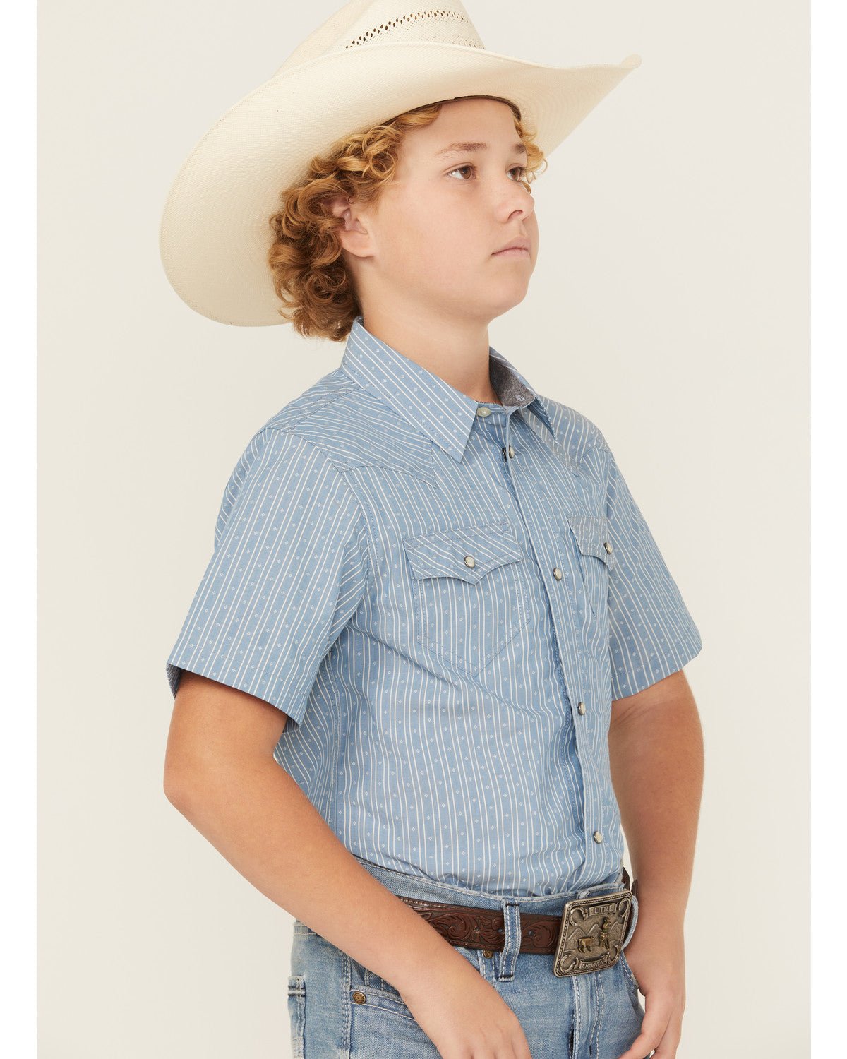 Boys' Cowboy Way Striped Print Short Sleeve Snap Western Sh Light Blue