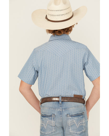 Boys' Cowboy Way Striped Print Short Sleeve Snap Western Sh Light Blue