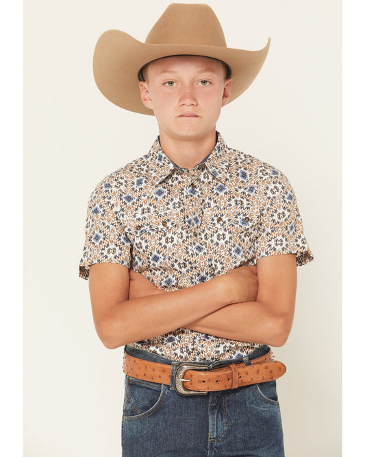 Boys' High Plains Southwestern Print Short Sleeve Snap West Tan