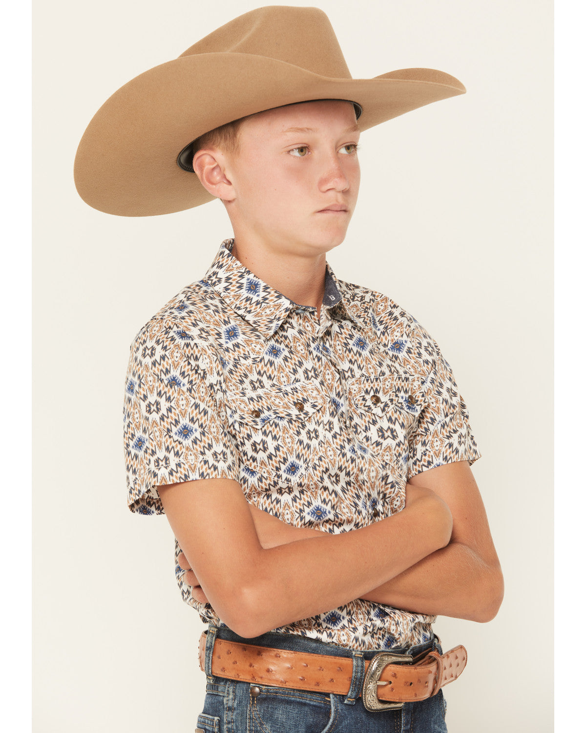 Boys' High Plains Southwestern Print Short Sleeve Snap West Tan