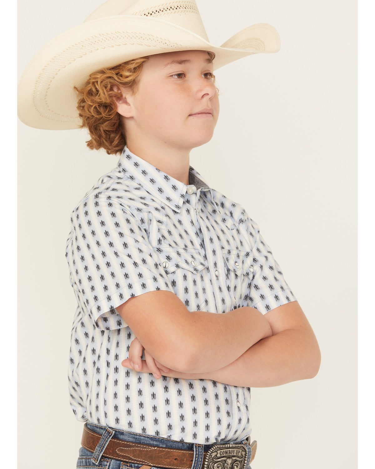 Boys' Outlaw Pass Striped Print Short Sleeve Snap Western S White