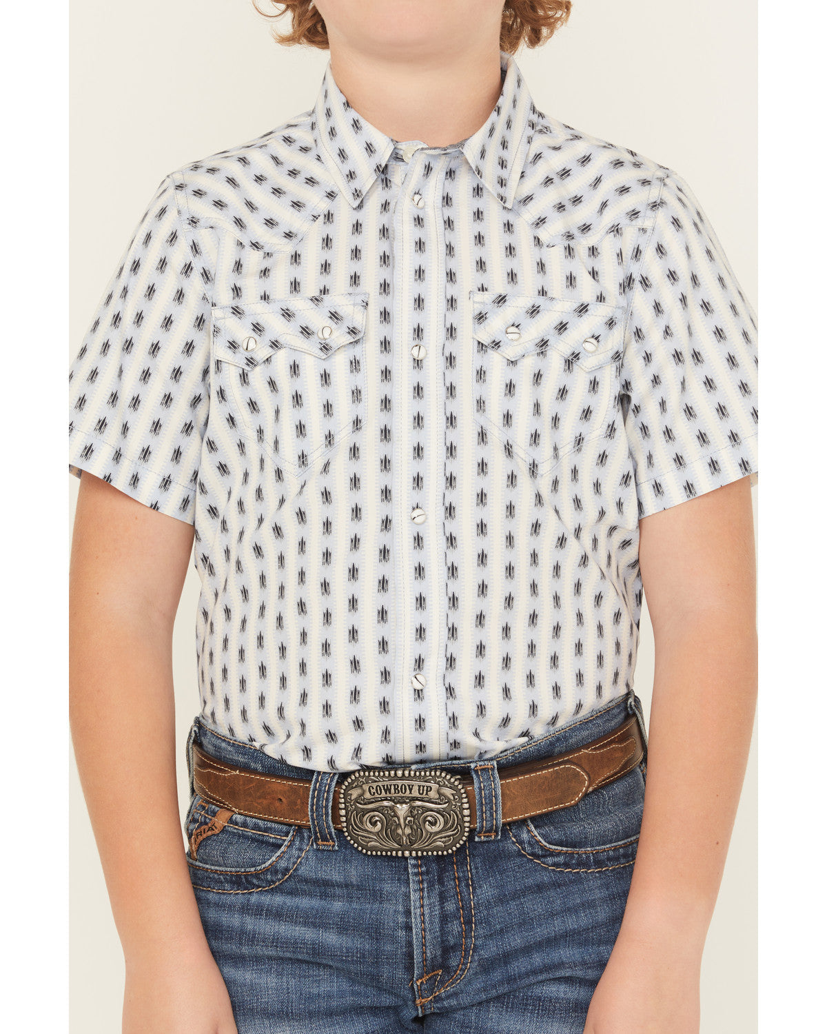 Boys' Outlaw Pass Striped Print Short Sleeve Snap Western S White
