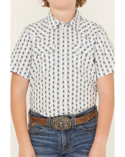 Boys' Outlaw Pass Striped Print Short Sleeve Snap Western S White