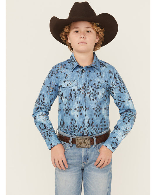 Boys' Maverick Southwestern Print Long Sleeve Snap Western Blue