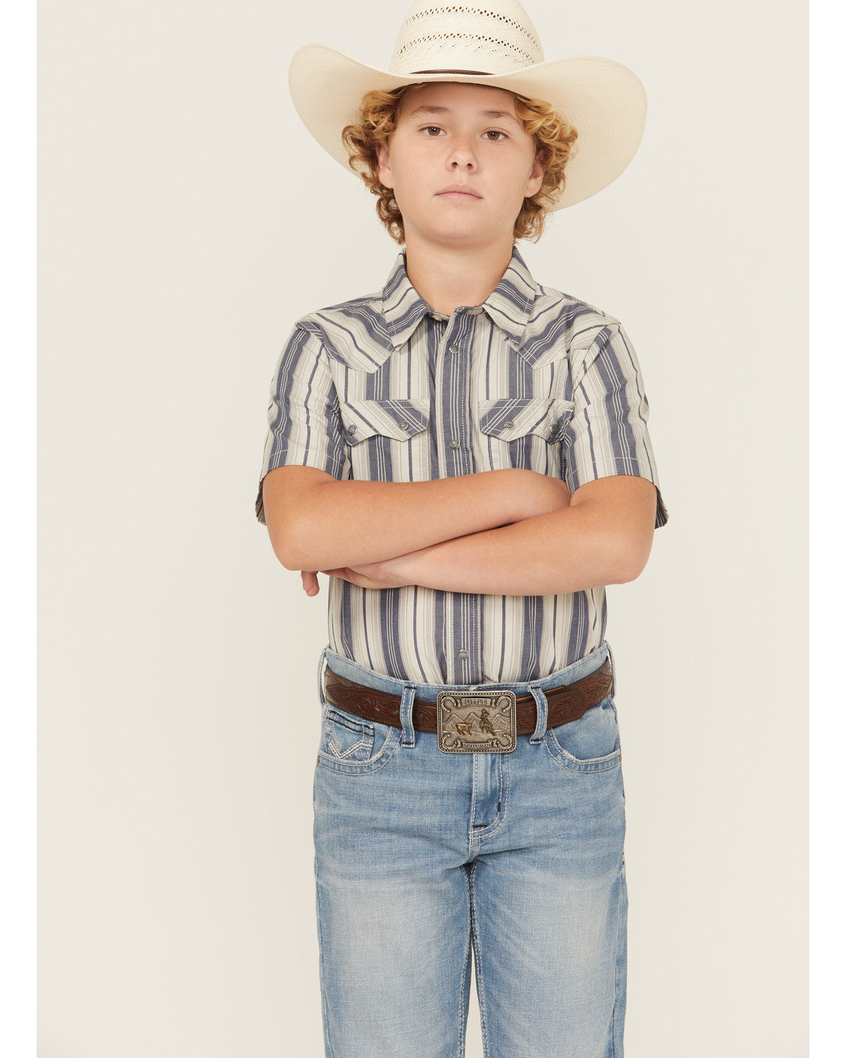 Boys' Roman Striped Short Sleeve Snap Western Shirt Blue