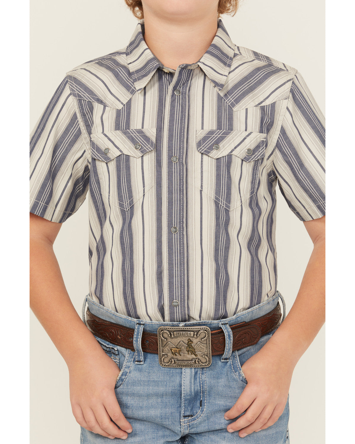 Boys' Roman Striped Short Sleeve Snap Western Shirt Blue