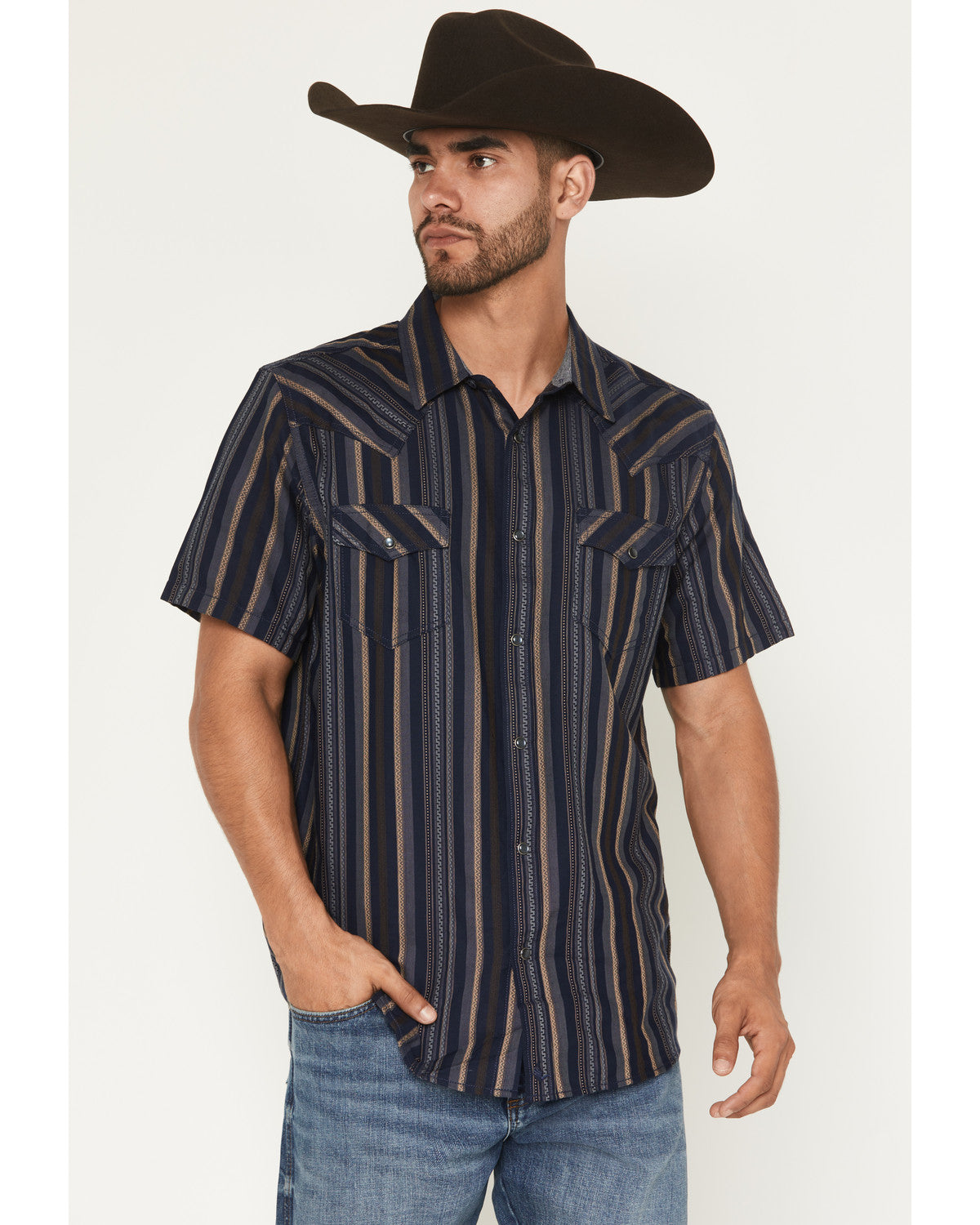 Men's Highland Rim Striped Print Short Sleeve Snap Western Navy