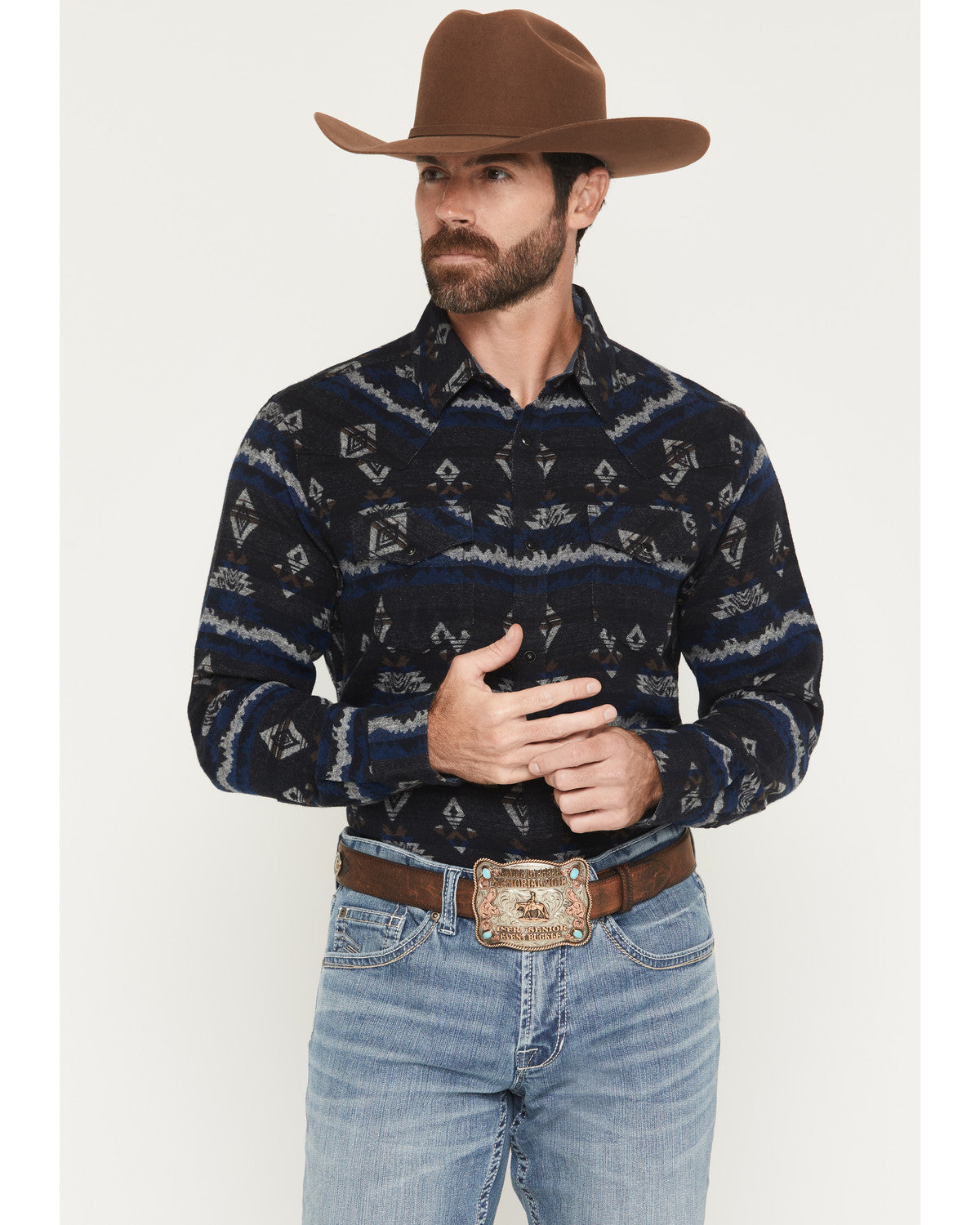 Men's Ironwood Southwestern Striped Long Sleeve Snap Flanne Navy