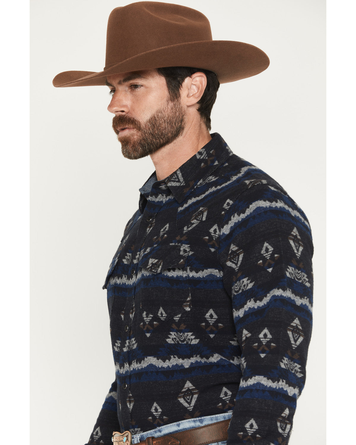 Men's Ironwood Southwestern Striped Long Sleeve Snap Flanne Navy